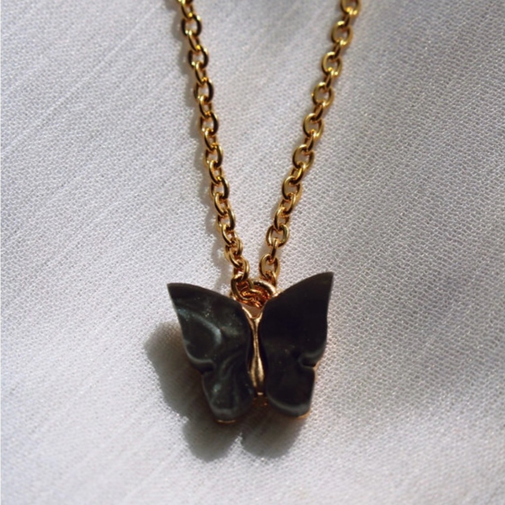 Black Butterfly Pendant Gold Coloured Stainless Steel Chain Necklace